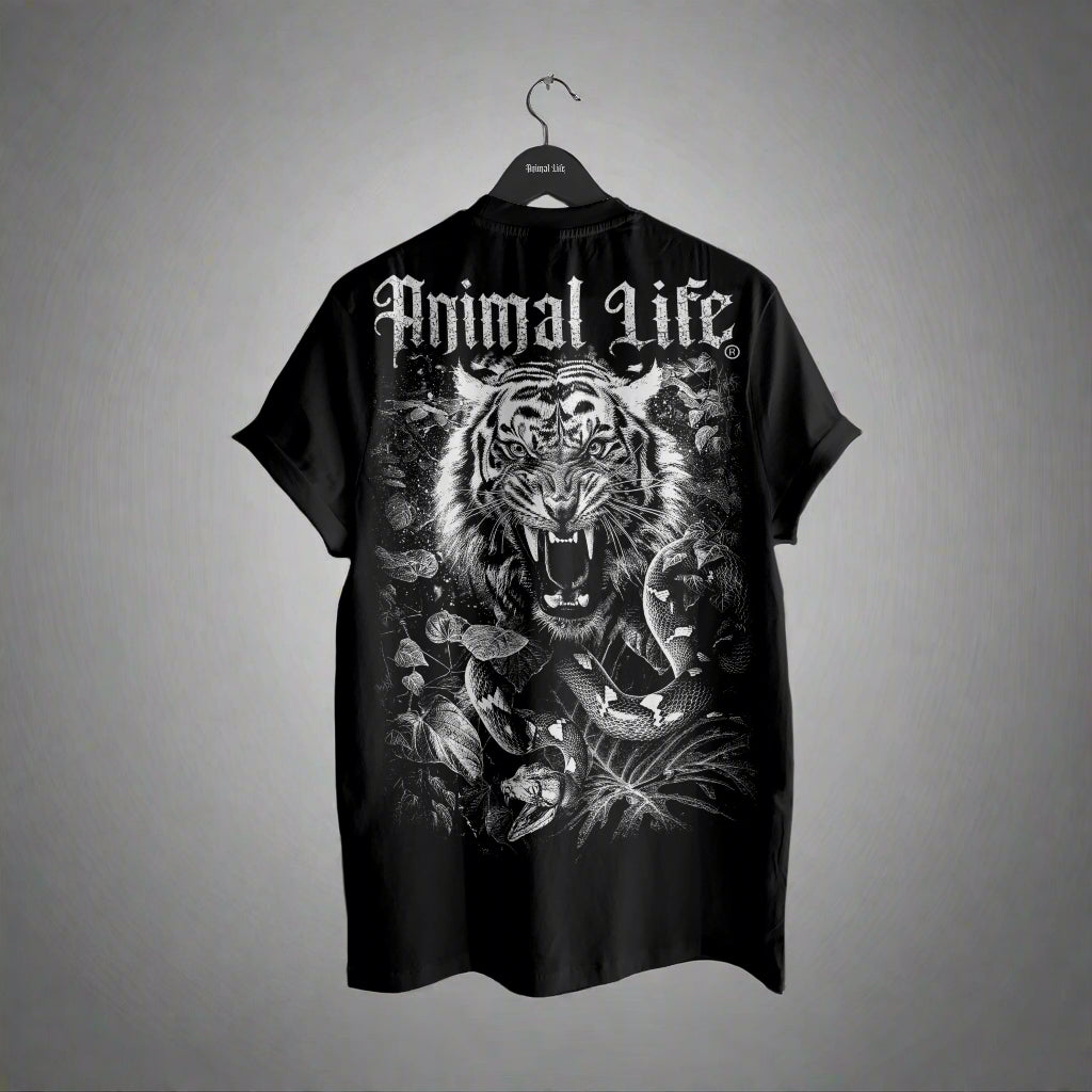 Black t-shirt with a tiger and snake design and 'Animal Life' text on a hanger against a white background