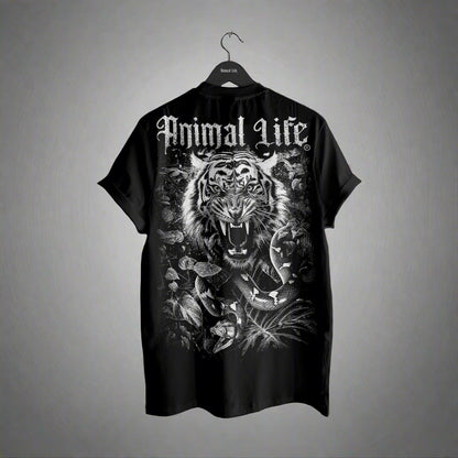 Black t-shirt with a tiger and snake design and 'Animal Life' text on a hanger against a white background
