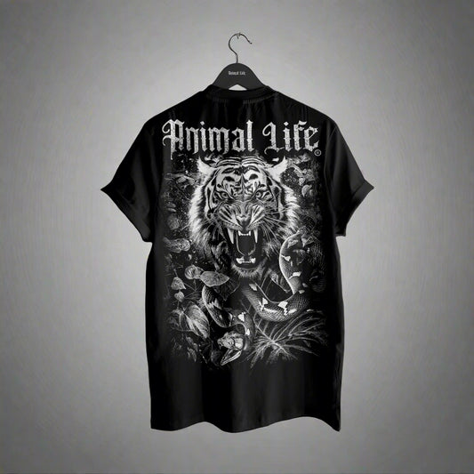 Black t-shirt with a tiger and snake design and 'Animal Life' text on a hanger against a white background